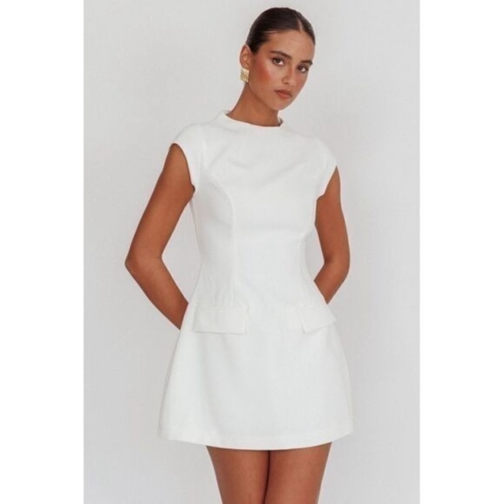 Commense White Mini Short Sleeve Pocket A Line Dress Bridal Graduation M NWT